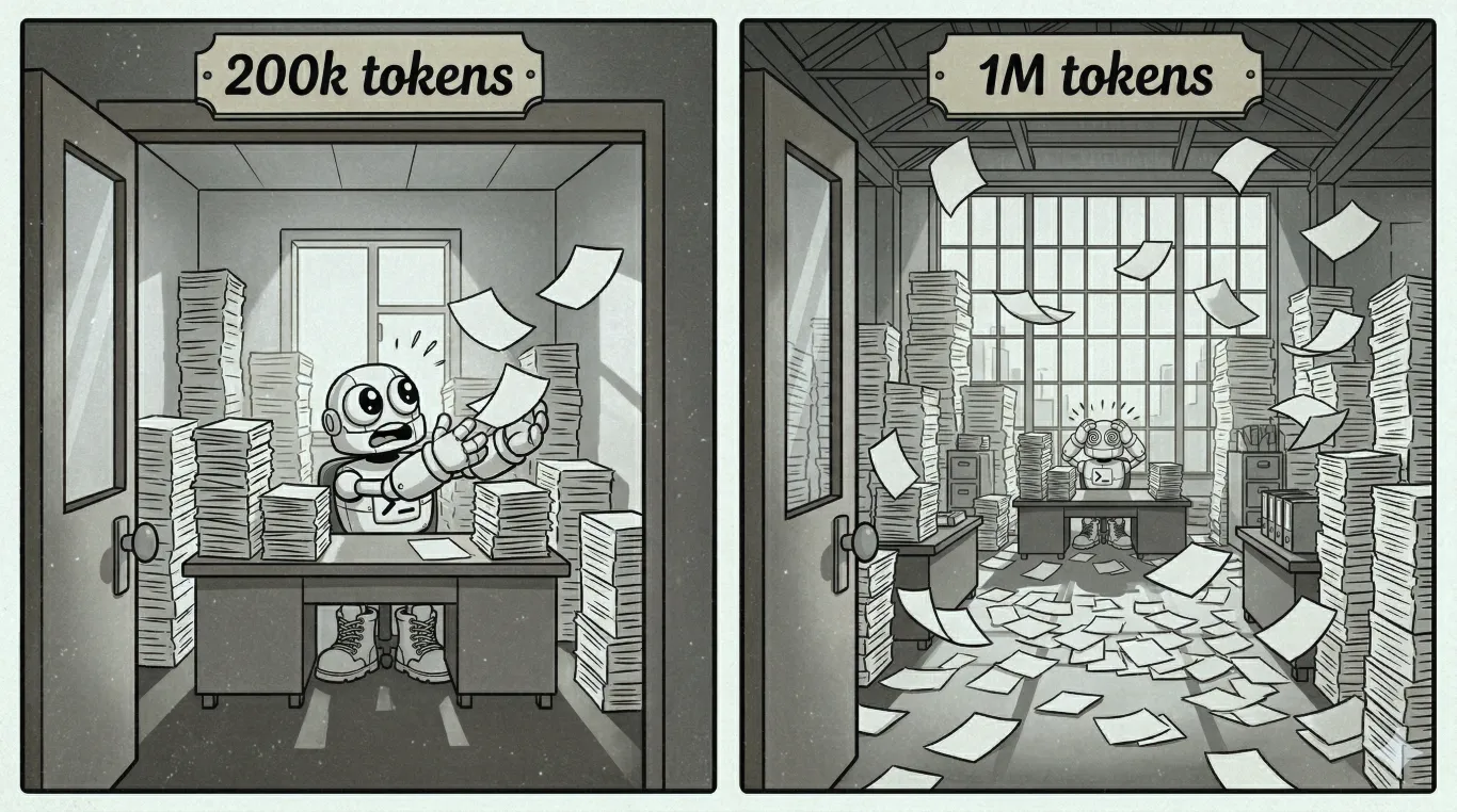 image of a robot in a small messy office labeled 200k tokens with lots of papers flying around; second image of robot with swirly eyes in a larger messy office labeled 1M tokens