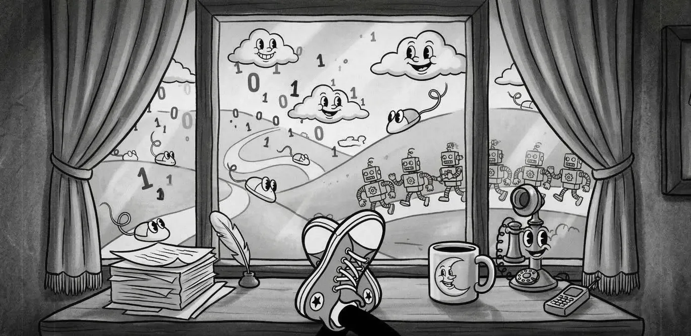 image in the old cartoon style of someone sitting in a chair at their desk, with their feet relaxed on the desk, looking outside the window at an abstract scenery.
