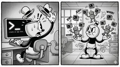 Cartoon depiction of two developers, one using a single chat window and another juggling several bots each with their own CLI windows