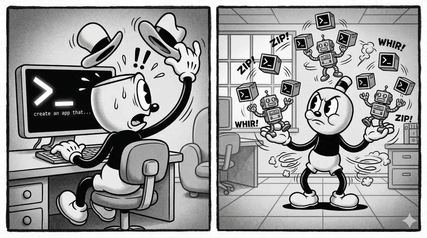 Cartoon depiction of two developers, one using a single chat window and another juggling several bots each with their own CLI windows