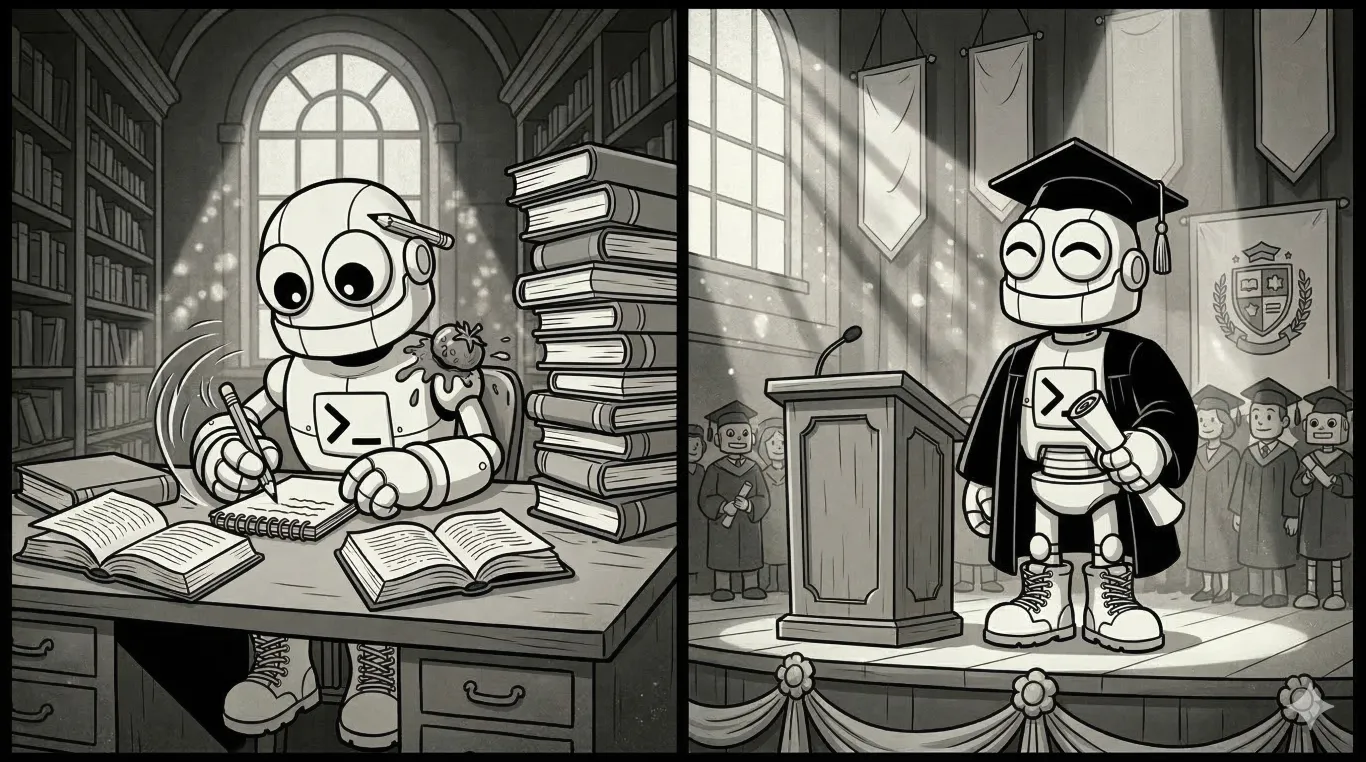 image of agent robot studying how to juggle tomatoes; followed by second image showing them graduating from tomato juggling school