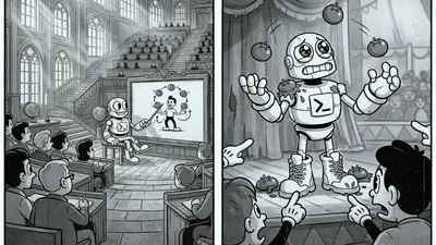 image of a agent robot in a school environment showing students how to juggle tomatoes; followed by a second image showing them try to juggle tomatoes but dropping them on stage