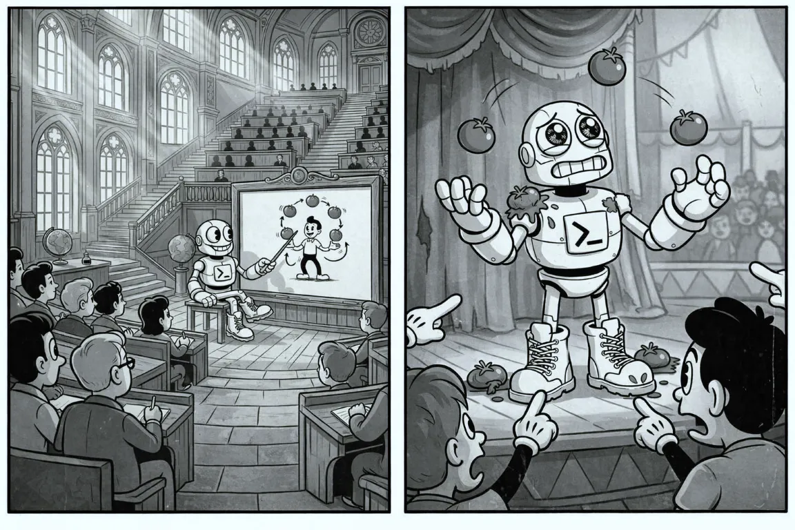 image of a agent robot in a school environment showing students how to juggle tomatoes; followed by a second image showing them try to juggle tomatoes but dropping them on stage