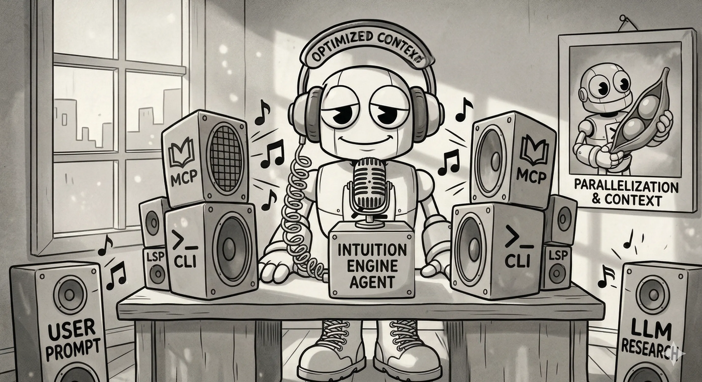 agent sitting a desk listening through his headset at the filtered sound coming through the intuition engine agent box. The room is filled with loud speakers labeled MCP, CLI, LSP, user prompt, and LLM research